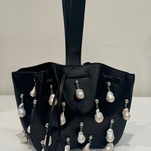 Alaia Rose Marie Pearl Detail Calfskin Wristlet Noir Bag